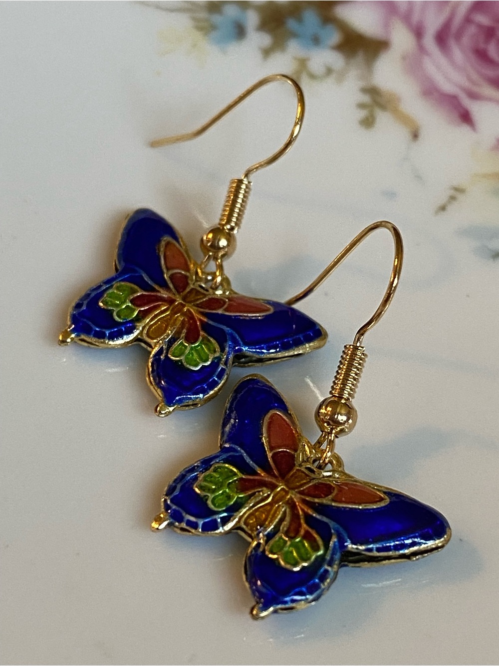 Gold-Tone Blue Enamel Butterfly Drop Earrings